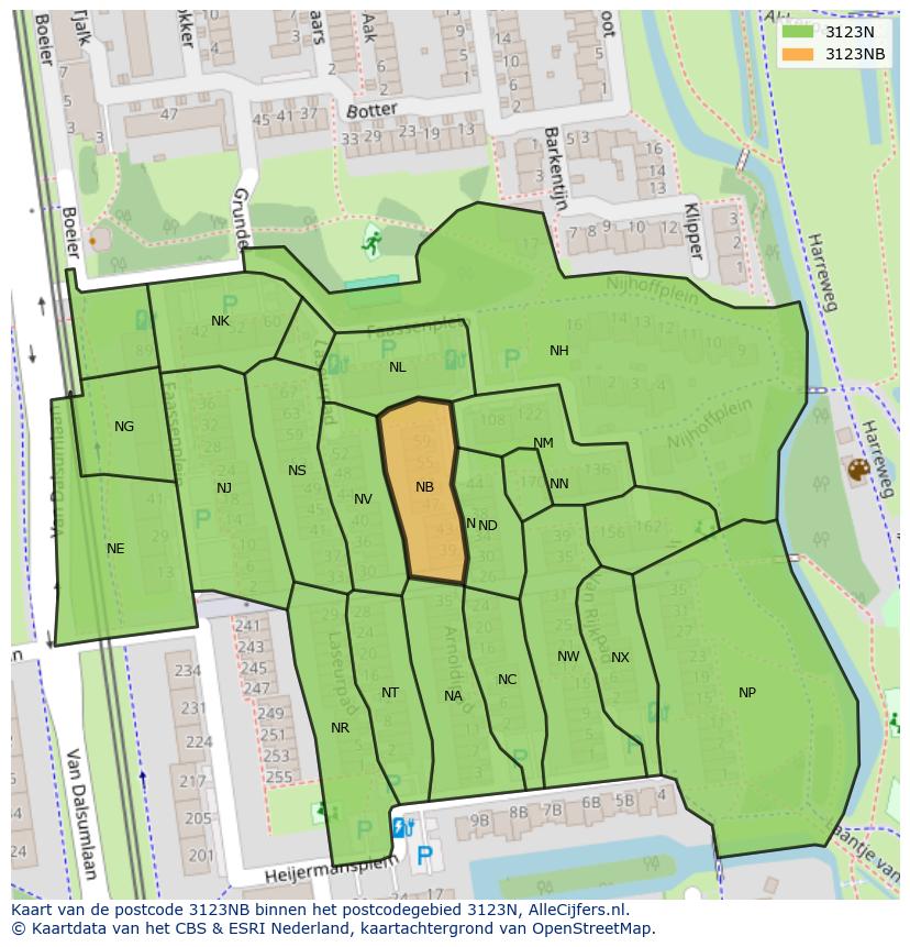 Afbeelding van het postcodegebied 3123 NB op de kaart.