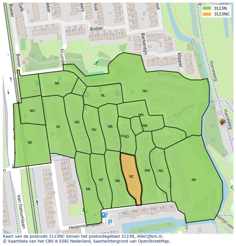 Afbeelding van het postcodegebied 3123 NC op de kaart.
