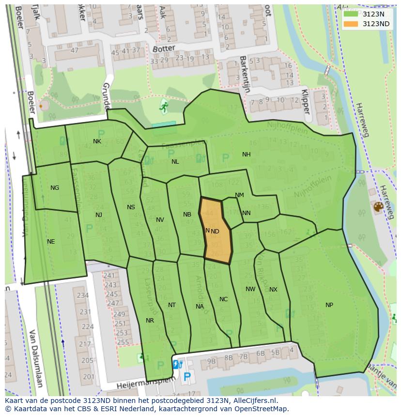 Afbeelding van het postcodegebied 3123 ND op de kaart.