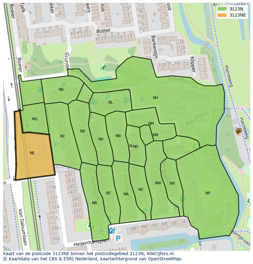 Afbeelding van het postcodegebied 3123 NE op de kaart.