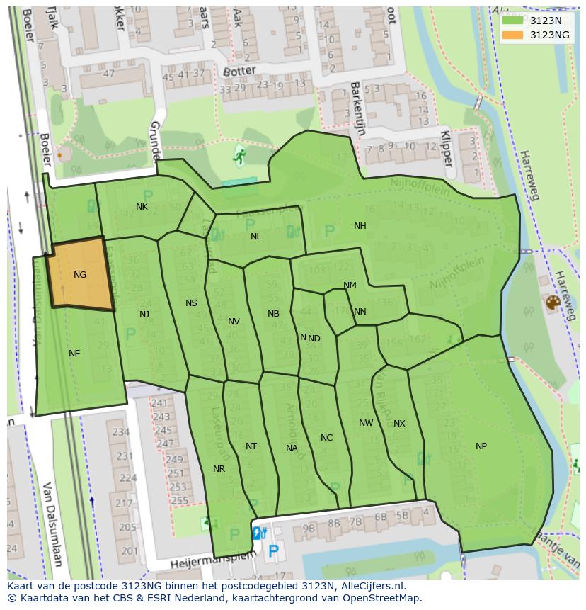 Afbeelding van het postcodegebied 3123 NG op de kaart.