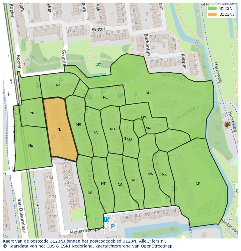 Afbeelding van het postcodegebied 3123 NJ op de kaart.