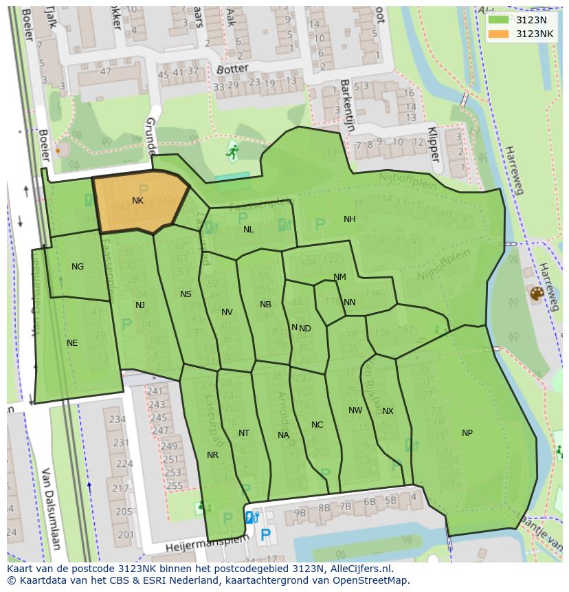 Afbeelding van het postcodegebied 3123 NK op de kaart.