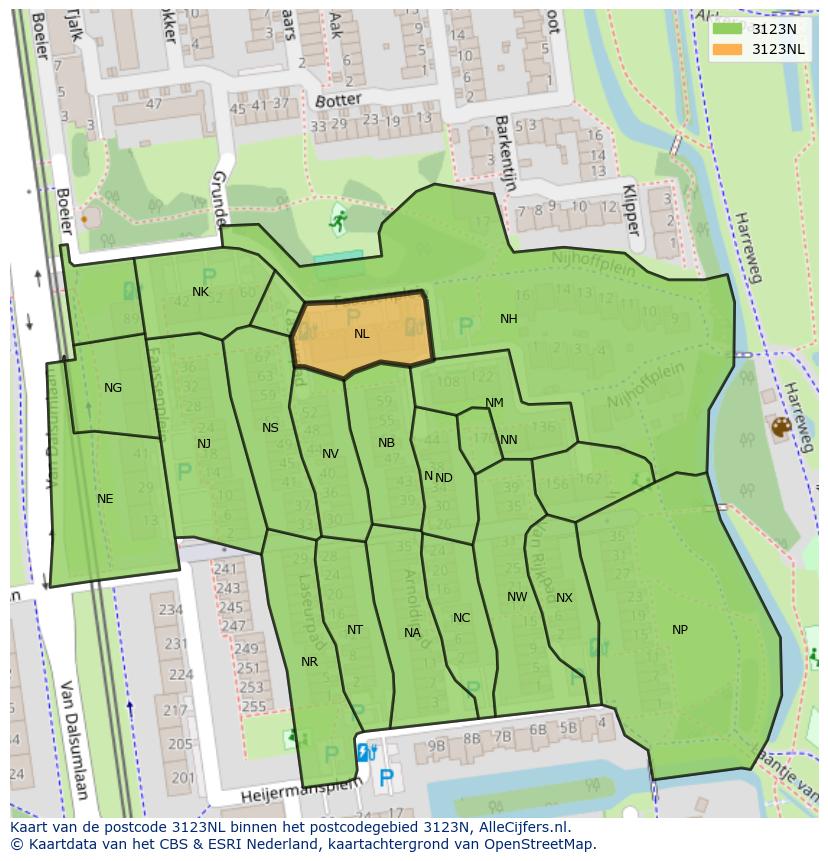 Afbeelding van het postcodegebied 3123 NL op de kaart.