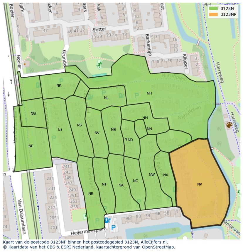 Afbeelding van het postcodegebied 3123 NP op de kaart.
