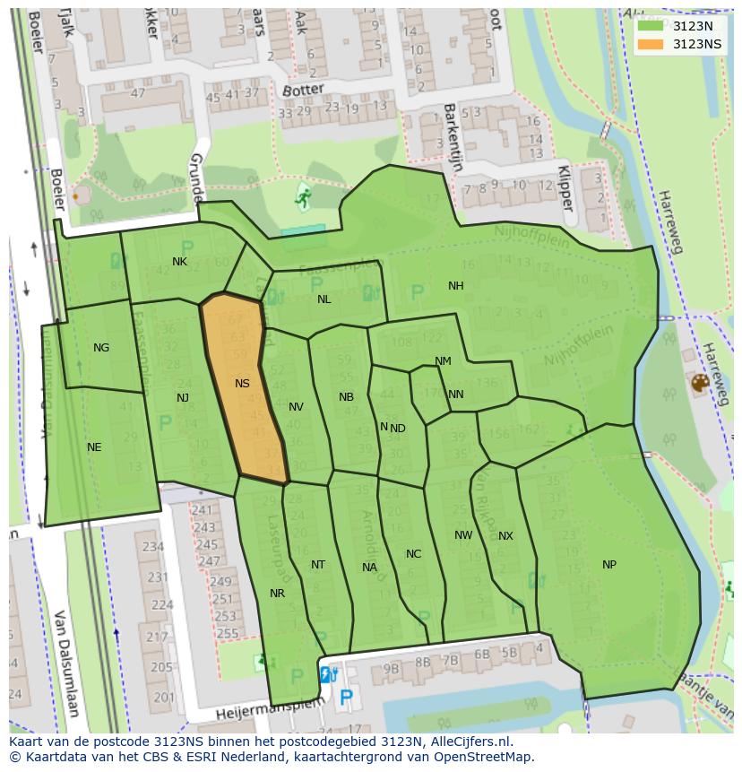 Afbeelding van het postcodegebied 3123 NS op de kaart.