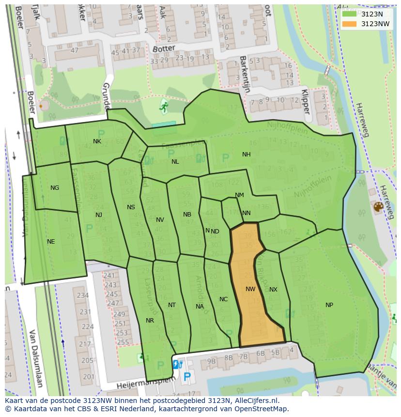 Afbeelding van het postcodegebied 3123 NW op de kaart.