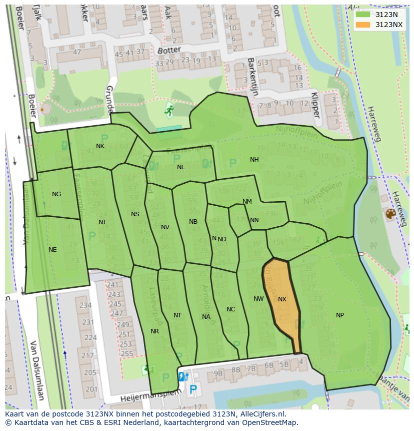 Afbeelding van het postcodegebied 3123 NX op de kaart.