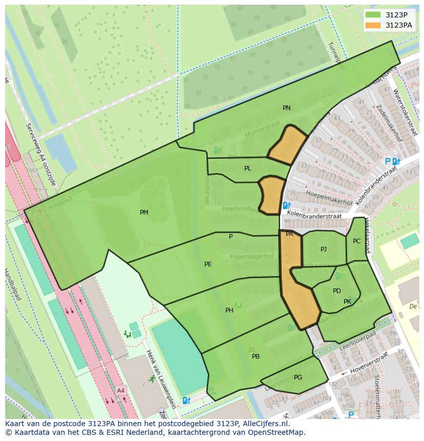 Afbeelding van het postcodegebied 3123 PA op de kaart.