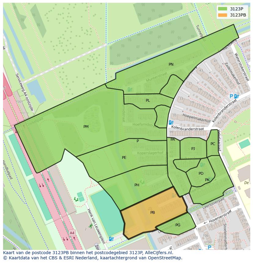 Afbeelding van het postcodegebied 3123 PB op de kaart.