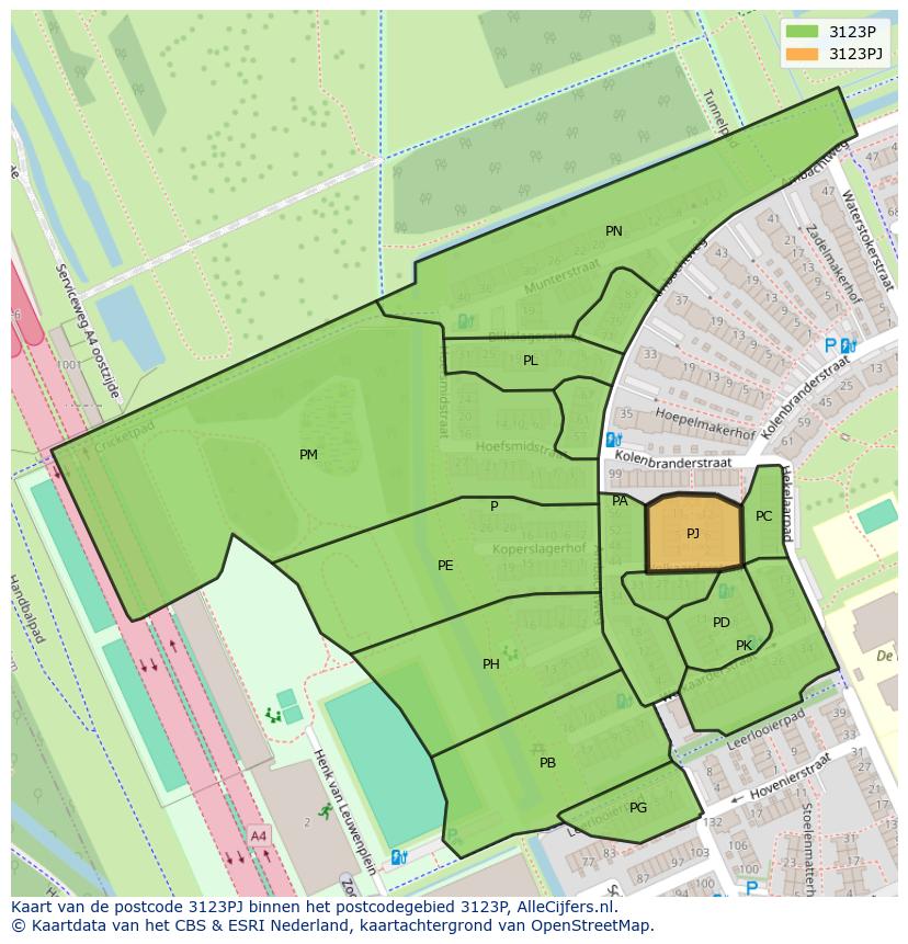 Afbeelding van het postcodegebied 3123 PJ op de kaart.