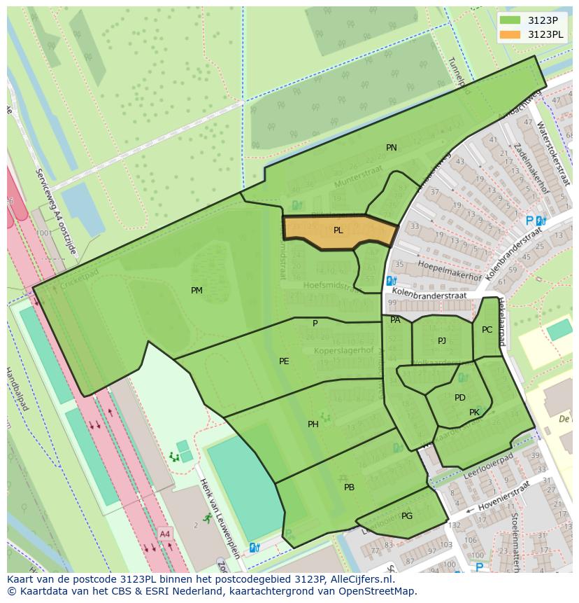 Afbeelding van het postcodegebied 3123 PL op de kaart.