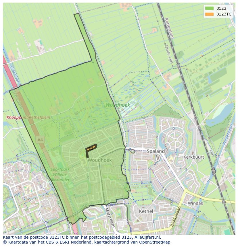 Afbeelding van het postcodegebied 3123 TC op de kaart.