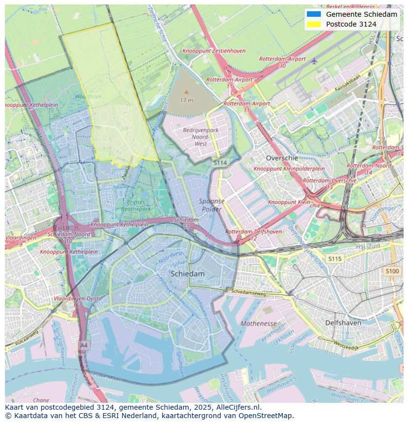 Afbeelding van het postcodegebied 3124 op de kaart.