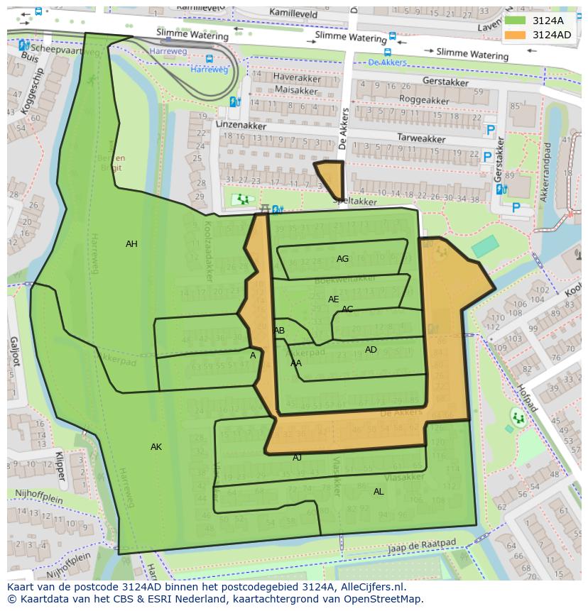 Afbeelding van het postcodegebied 3124 AD op de kaart.