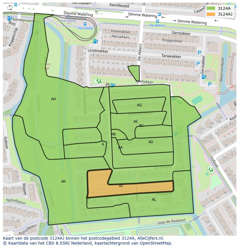 Afbeelding van het postcodegebied 3124 AJ op de kaart.