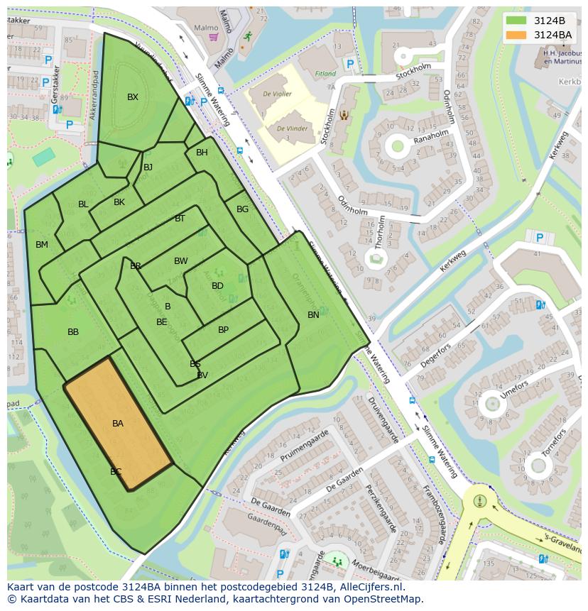 Afbeelding van het postcodegebied 3124 BA op de kaart.