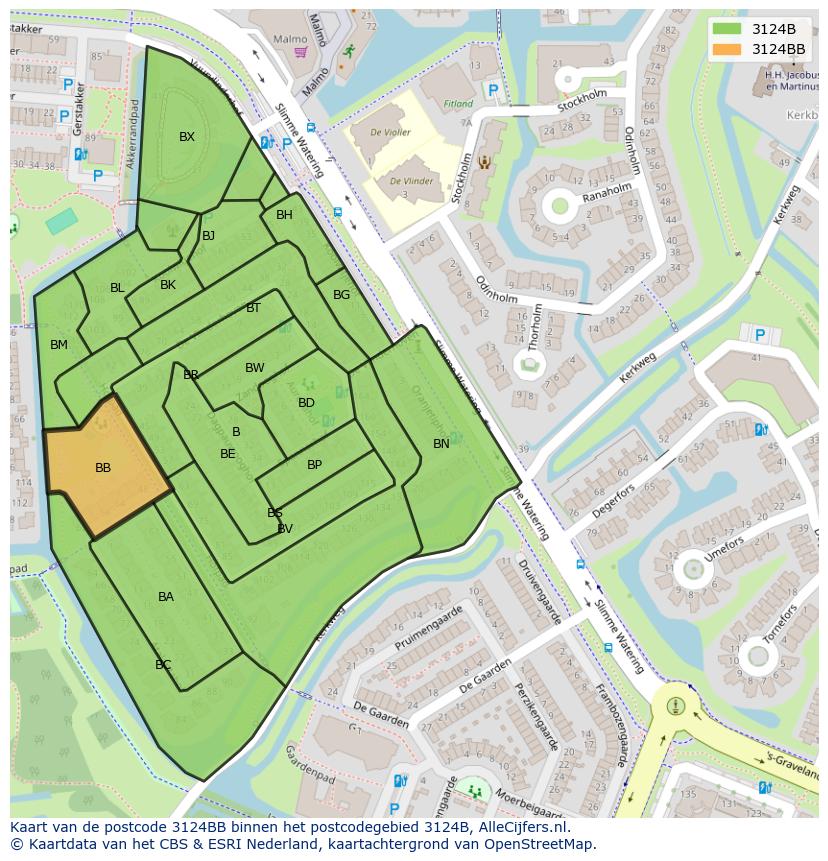 Afbeelding van het postcodegebied 3124 BB op de kaart.
