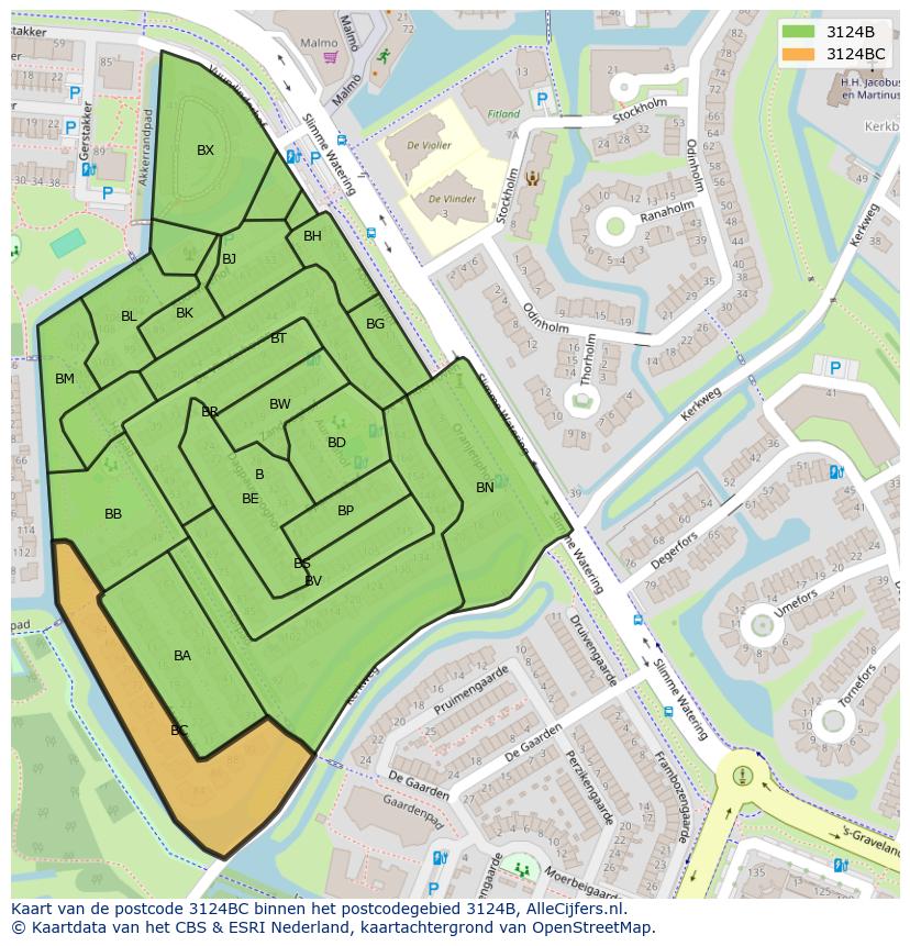 Afbeelding van het postcodegebied 3124 BC op de kaart.
