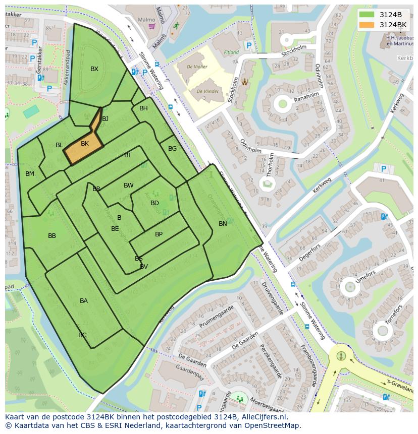 Afbeelding van het postcodegebied 3124 BK op de kaart.