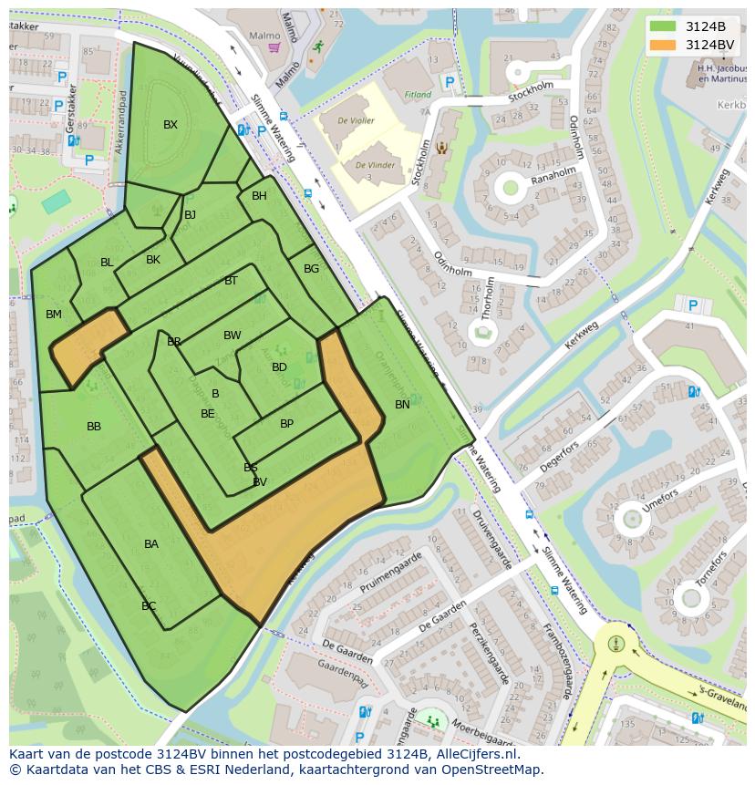Afbeelding van het postcodegebied 3124 BV op de kaart.