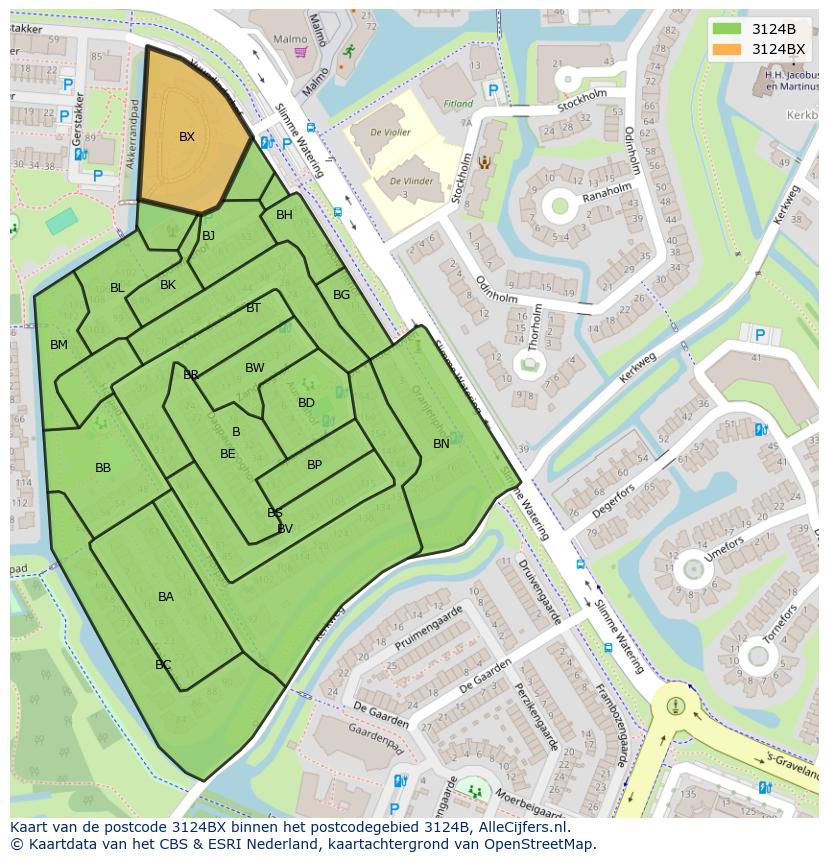 Afbeelding van het postcodegebied 3124 BX op de kaart.