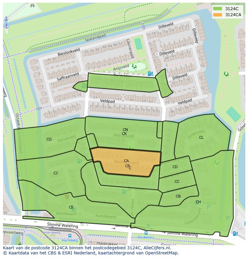 Afbeelding van het postcodegebied 3124 CA op de kaart.