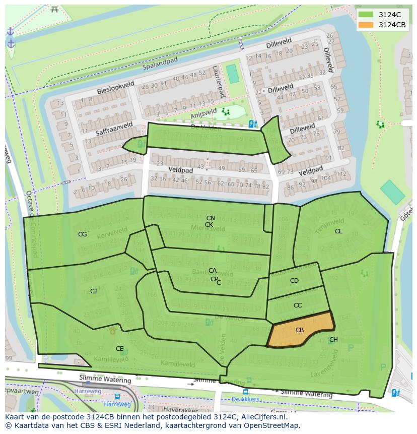 Afbeelding van het postcodegebied 3124 CB op de kaart.