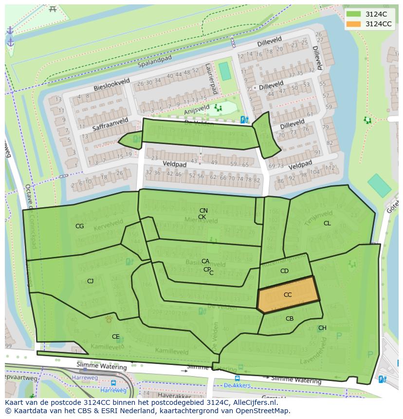 Afbeelding van het postcodegebied 3124 CC op de kaart.