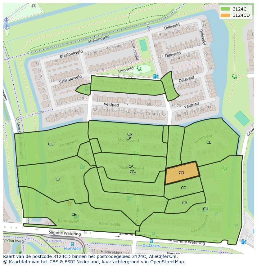 Afbeelding van het postcodegebied 3124 CD op de kaart.