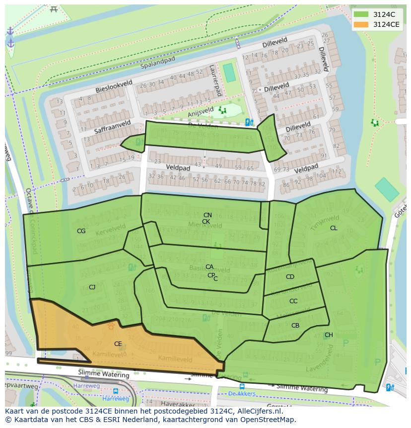 Afbeelding van het postcodegebied 3124 CE op de kaart.