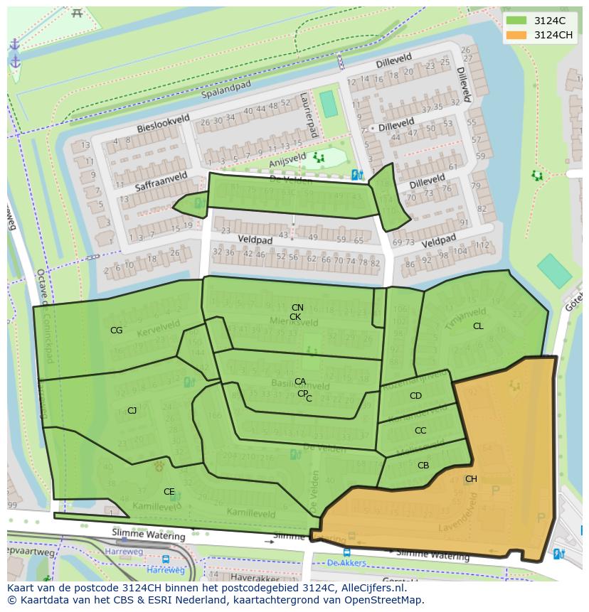 Afbeelding van het postcodegebied 3124 CH op de kaart.