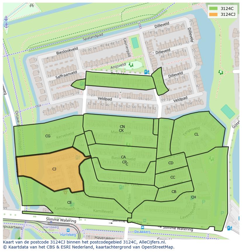 Afbeelding van het postcodegebied 3124 CJ op de kaart.