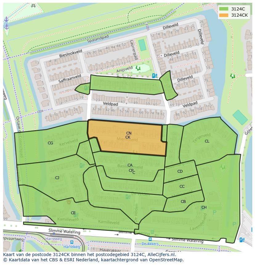 Afbeelding van het postcodegebied 3124 CK op de kaart.