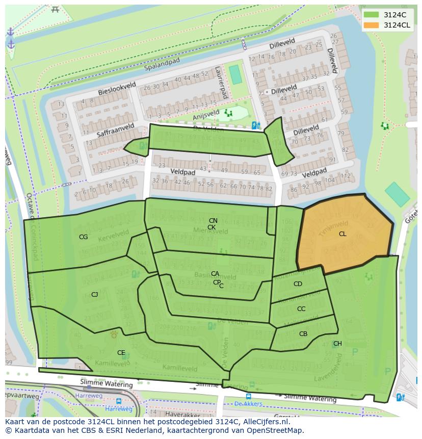 Afbeelding van het postcodegebied 3124 CL op de kaart.