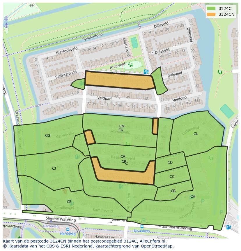 Afbeelding van het postcodegebied 3124 CN op de kaart.