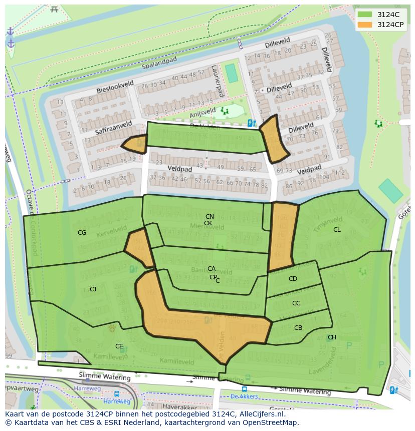 Afbeelding van het postcodegebied 3124 CP op de kaart.