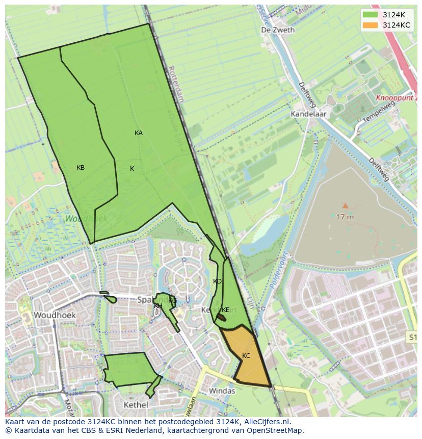 Afbeelding van het postcodegebied 3124 KC op de kaart.