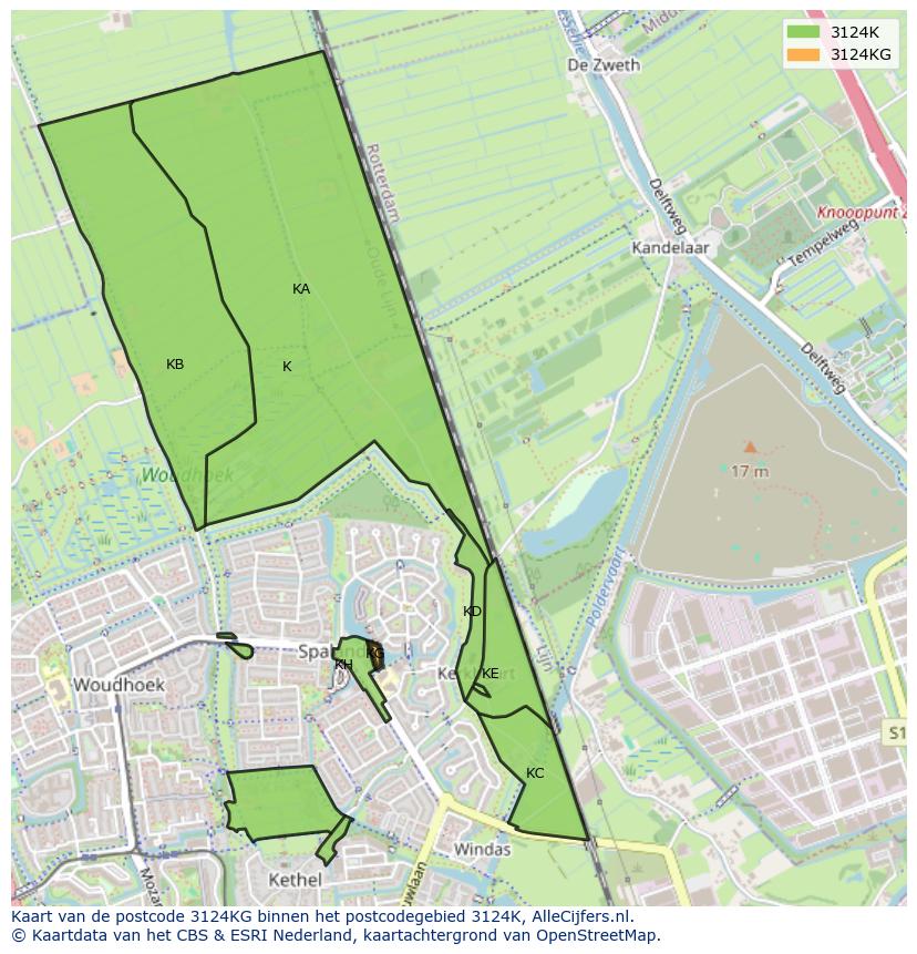 Afbeelding van het postcodegebied 3124 KG op de kaart.