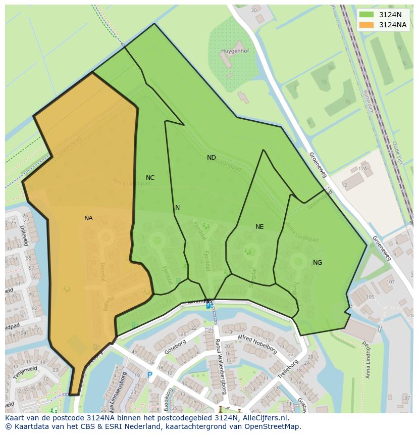 Afbeelding van het postcodegebied 3124 NA op de kaart.