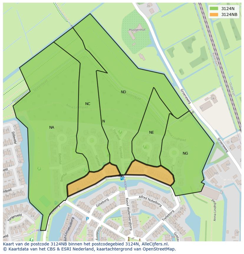 Afbeelding van het postcodegebied 3124 NB op de kaart.