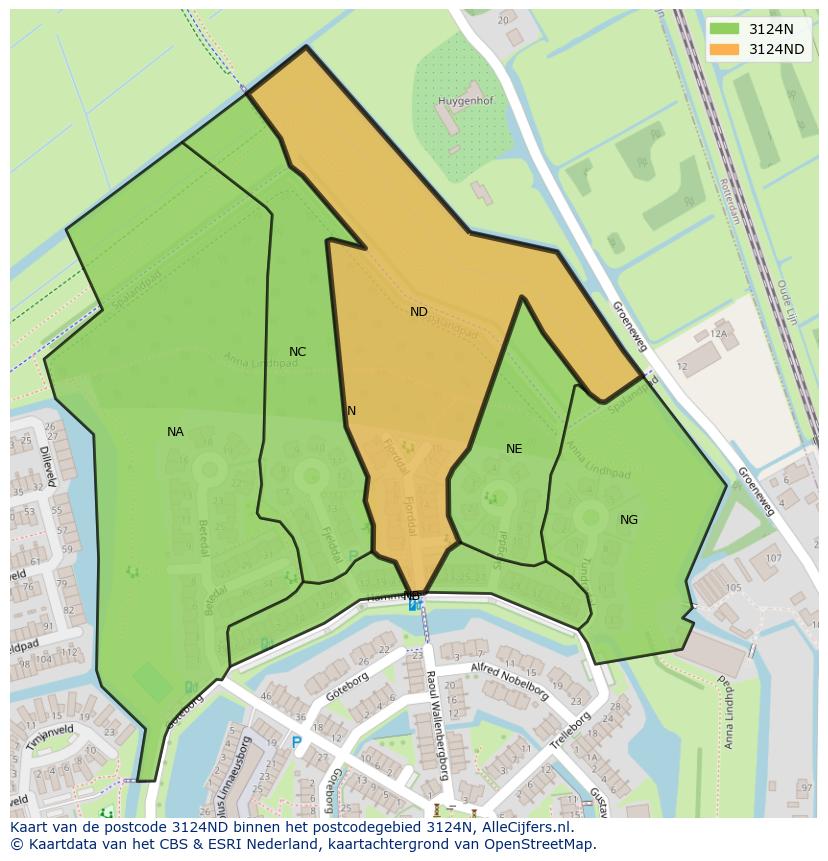 Afbeelding van het postcodegebied 3124 ND op de kaart.