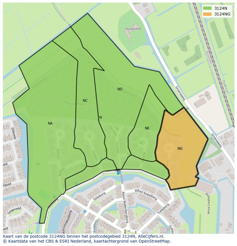 Afbeelding van het postcodegebied 3124 NG op de kaart.
