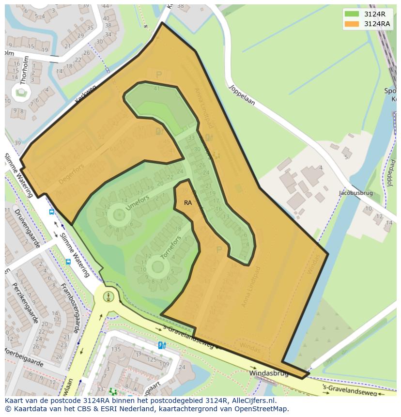 Afbeelding van het postcodegebied 3124 RA op de kaart.