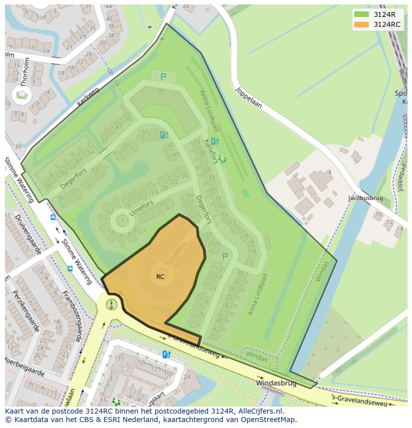 Afbeelding van het postcodegebied 3124 RC op de kaart.