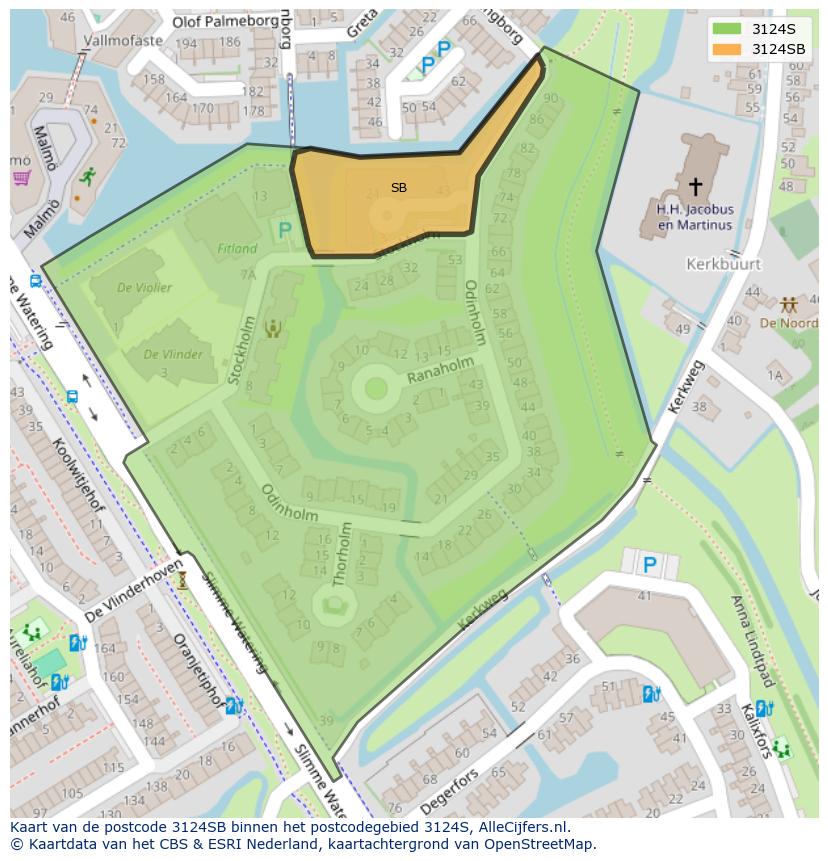 Afbeelding van het postcodegebied 3124 SB op de kaart.