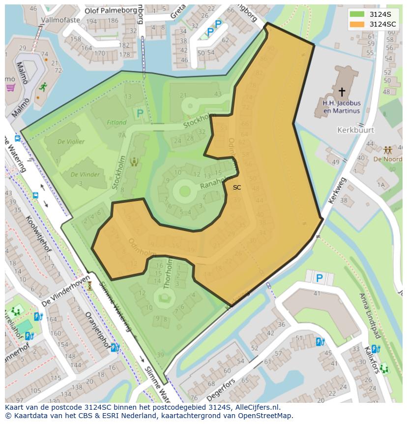 Afbeelding van het postcodegebied 3124 SC op de kaart.
