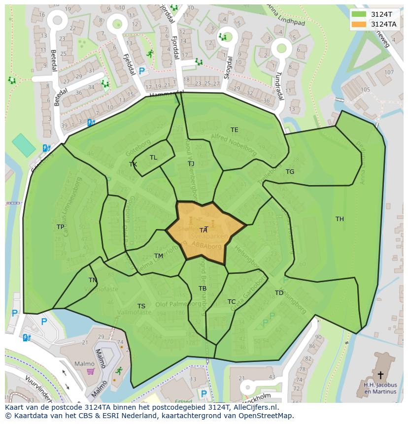 Afbeelding van het postcodegebied 3124 TA op de kaart.