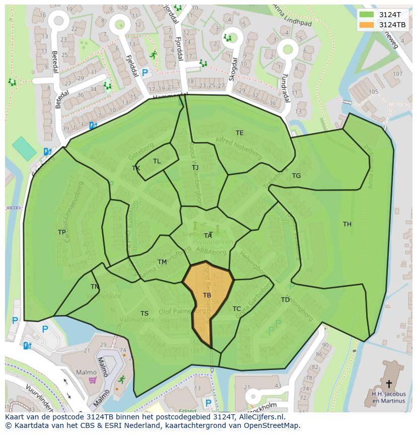 Afbeelding van het postcodegebied 3124 TB op de kaart.