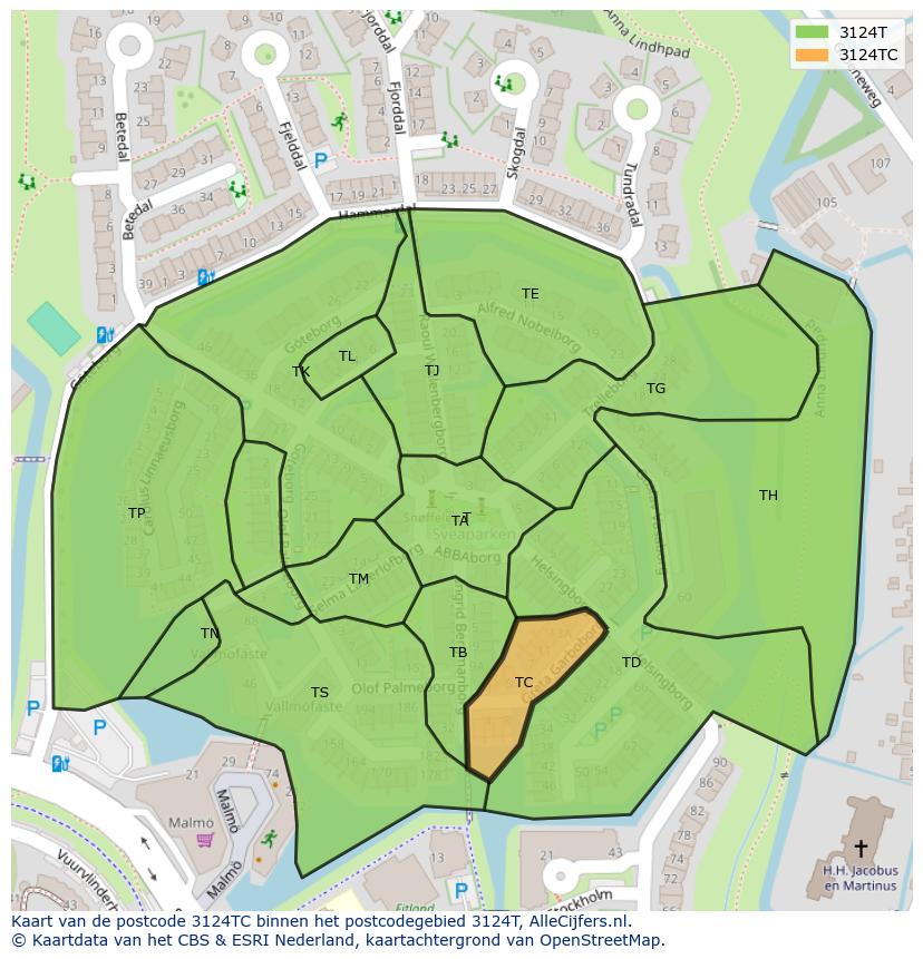 Afbeelding van het postcodegebied 3124 TC op de kaart.